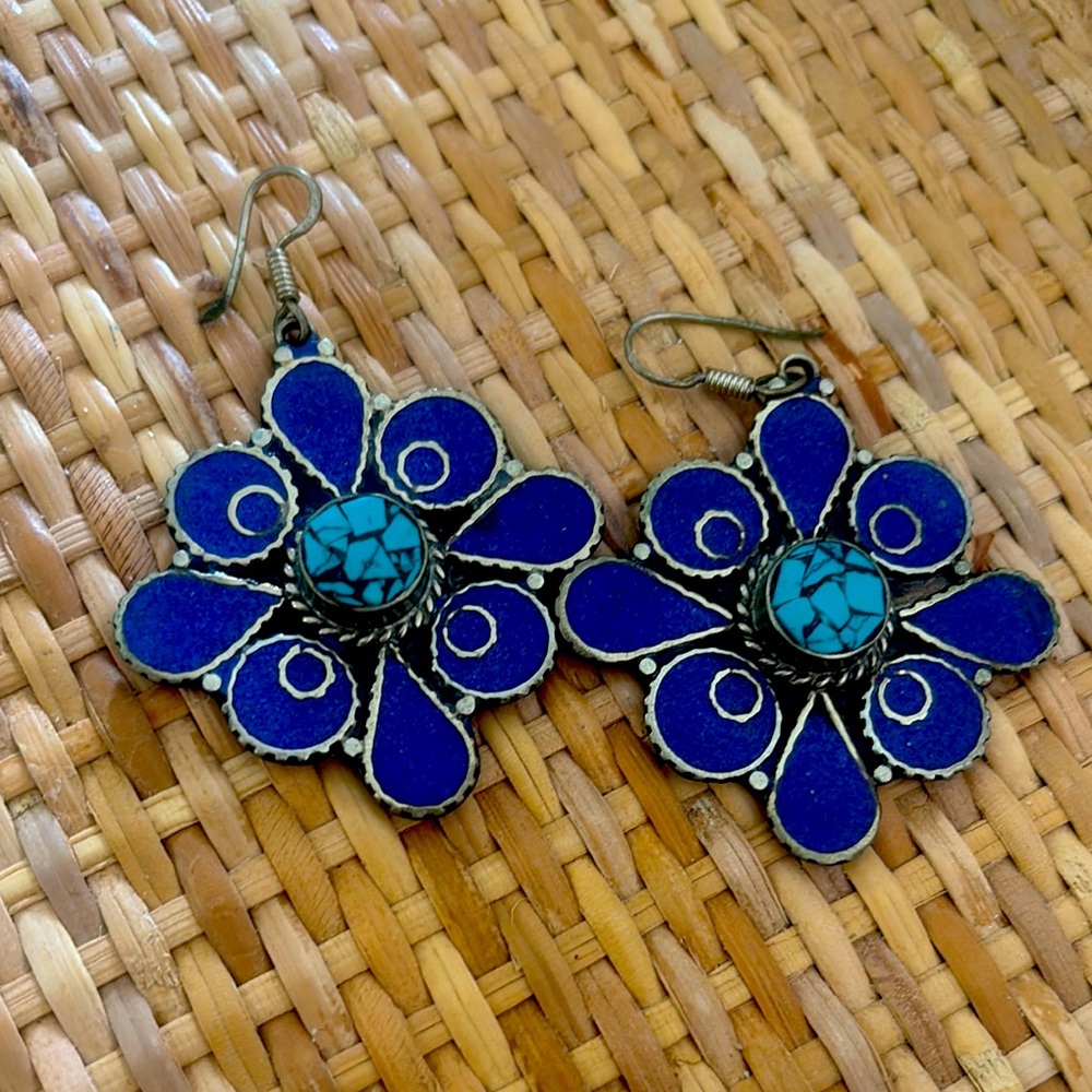 Vibrant Blue Floral Drop Earrings with Turquoise Accents